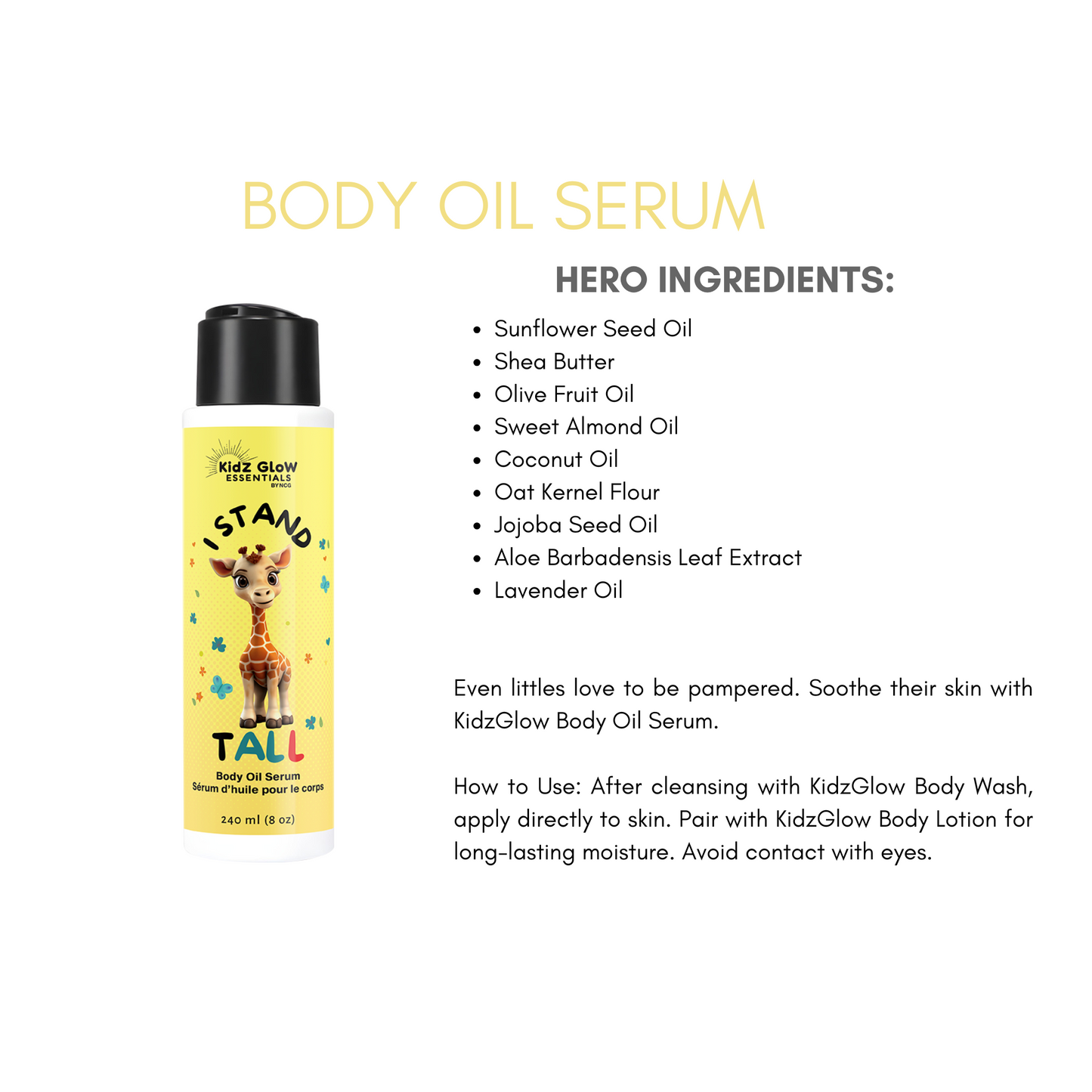 Bottle of I Stand Tall kids body oil serum – lightweight hydrating oil with jojoba and vitamin E
Natural body oil for children’s dry skin – affirmation-powered skincare by KidzGlow Essentials