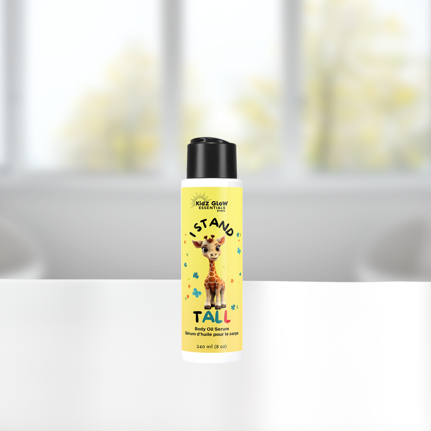 Bottle of I Stand Tall kids body oil serum – lightweight hydrating oil with jojoba and vitamin E
Natural body oil for children’s dry skin – affirmation-powered skincare by KidzGlow Essentials