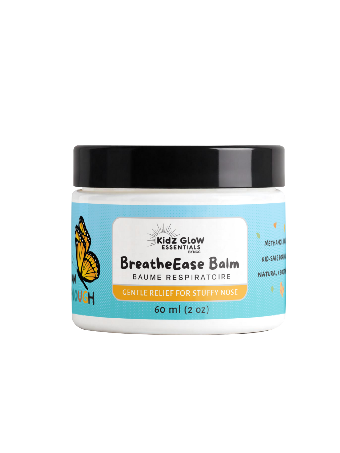 Jar of I Am Enough BreatheEase Balm – menthol-free kids chest rub with eucalyptus, lavender and chamomile
Gentle congestion relief balm for kids – safe, natural bedtime chest rub