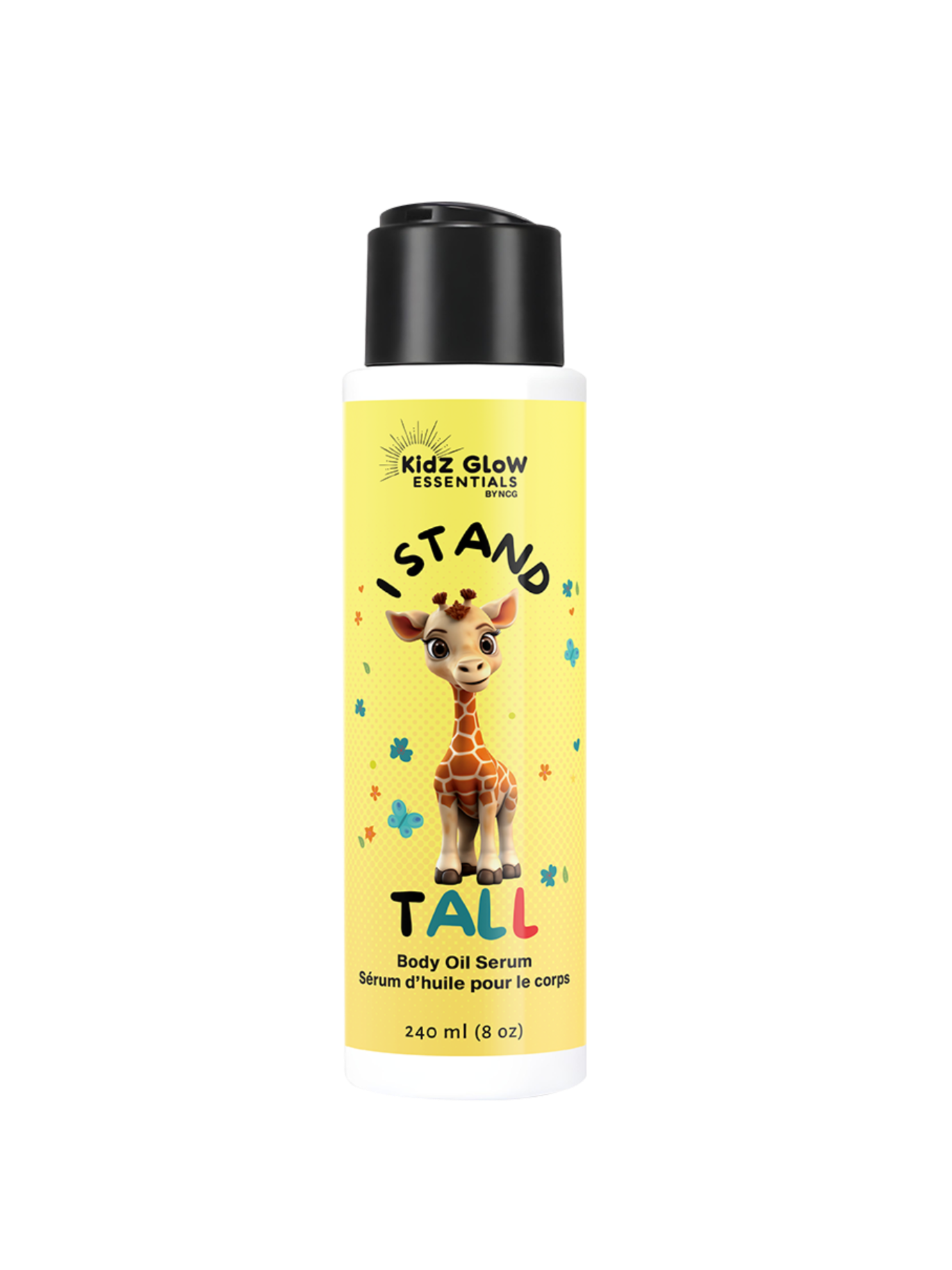 Bottle of I Stand Tall kids body oil serum – lightweight hydrating oil with jojoba and vitamin E
Natural body oil for children’s dry skin – affirmation-powered skincare by KidzGlow Essentials